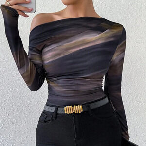 Casual Women's Marble Gradient Print Asymmetrical Neck top